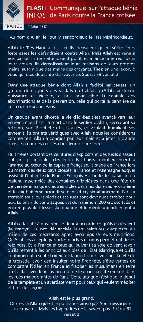Le communiqué de DAESH de revendication des attentats terroristes de Paris