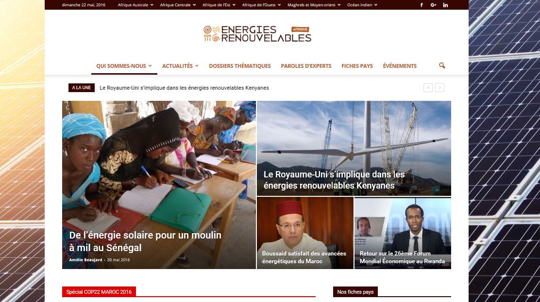 Le site www.energies-renouvelables-afrique.com référence l'ensemble de l'actualité des énergies renouvelables en Afrique